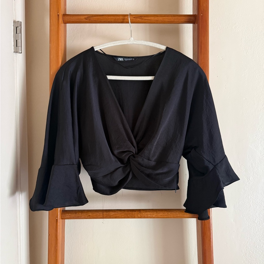 Zara Black Twist-Knot V-Neck Crop Top